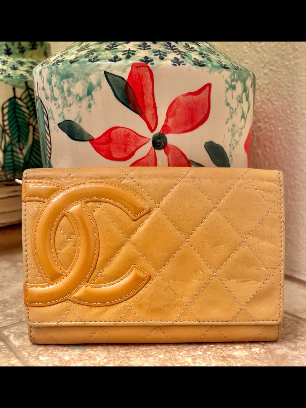 Authentic Chanel Cambon Quilted Leather Short Wallet with Orange interior